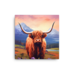 Nicheink Highland Cow Canvas Art with long horns standing in a field - Majestic Rural Landscape Wall Decor.