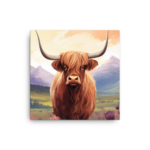 A Nicheink Highland Cow Canvas Wall Art with horns.