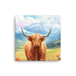 A Nicheink Highland Cow Canvas Wall Art | Rustic Farmhouse Decor standing in a field with mountains in the background.