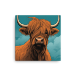 A Nicheink Highland Cow Canvas Art with horns on a blue background | Rustic Farmhouse Decor | Wall Hanging.