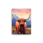 A Nicheink Highland Cow Canvas Art with long horns standing in a field.
