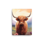 A Nicheink Highland Cow Canvas Wall Art with long horns.
