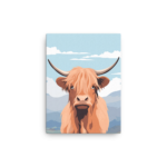 A Nicheink Highland Cow Canvas Wall Art with horns on a white background.