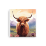 A Nicheink Highland Cow Canvas Wall Art in a field with thistles in the background.