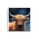 A Nicheink Highland Cow Canvas Art - Rustic Farmhouse Wall Decor of a highland cow in the night sky.