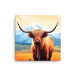 A Nicheink Highland Cow Canvas Art in a field with mountains in the background.