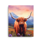 A Nicheink Highland Cow Canvas Art with long horns standing in a field of flowers - Majestic Rural Landscape Wall Decor.