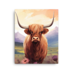 A Nicheink Highland Cow Canvas Wall Art in a field with flowers.
