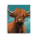 A Nicheink Highland Cow Canvas Art with horns on a blue background.