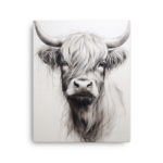 A Nicheink Highland Cow Canvas Wall Art - Rustic Home Decor - black and white drawing of a highland cow.