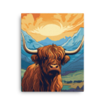 A Nicheink Highland Cow Canvas Art - Rustic Farmhouse Wall Decor with mountains in the background.