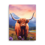 A Nicheink Highland Cow Canvas Art - Majestic Rural Landscape Wall Decor with long horns standing in a field of flowers.