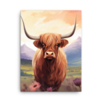 A Nicheink Highland Cow Canvas Wall Art with horns in a field of flowers.