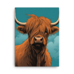 A Nicheink Highland Cow Canvas Art on a blue background.