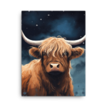 A Nicheink Highland Cow Canvas Art with horns in the night sky.