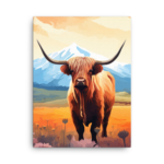 A Nicheink Highland Cow Canvas Art standing in a field with mountains in the background.