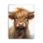 A Nicheink Highland Cow Canvas Wall Art - Rustic Farmhouse Decor with long horns on a white background.