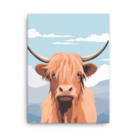 A Nicheink Highland Cow Canvas Wall Art - Rustic Home Decor with horns on a white background.