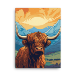 A Nicheink Highland Cow Canvas Art - Rustic Farmhouse Wall Decor with mountains in the background.