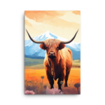 A Nicheink Highland Cow Canvas Art in a field with mountains in the background.