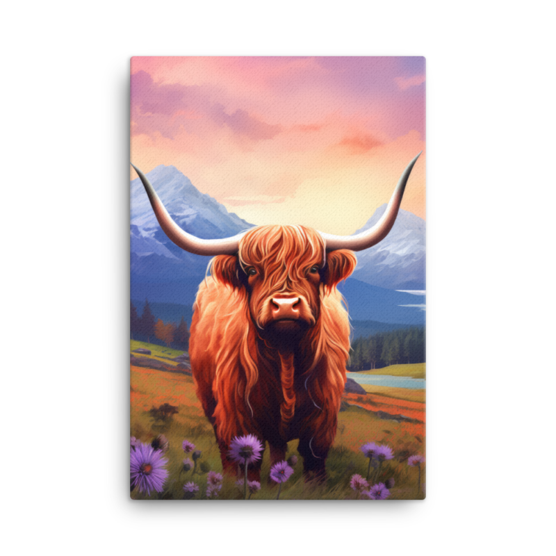 Nicheink Highland Cow Canvas Art with long horns standing in a field of flowers.