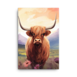 A Nicheink Highland Cow Canvas Wall Art standing in a field with flowers.