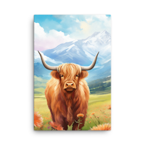 A Nicheink Highland Cow Canvas Wall Art | Rustic Farmhouse Decor in a field with mountains in the background.