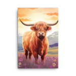 A Nicheink Highland Cow Canvas Wall Art standing in a field of flowers.