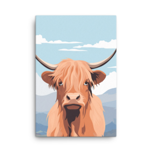 A Nicheink Highland Cow Canvas Wall Art with horns on a blue background.