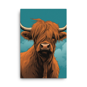 A Nicheink Highland Cow Canvas Art on a blue background.