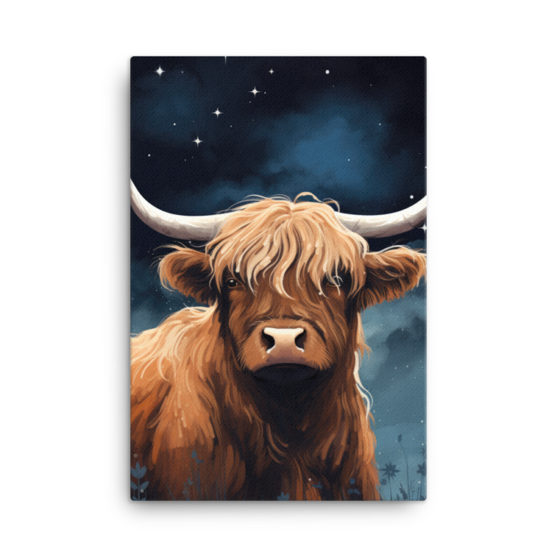 An image of a Nicheink Highland Cow Canvas Art - Rustic Farmhouse Wall Decor in the night sky.