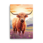 A Nicheink Highland Cow Canvas Wall Art | Rustic Farmhouse Decor | Home Accent standing in a field of flowers.