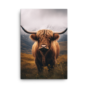 A Nicheink Highland Cow Canvas Wall Art - Rustic Home Decor standing in a field with mountains in the background.