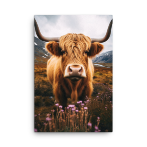 A Nicheink Highland Cow Canvas Wall Art â Rustic Farmhouse Decor is standing in a field of purple flowers.
