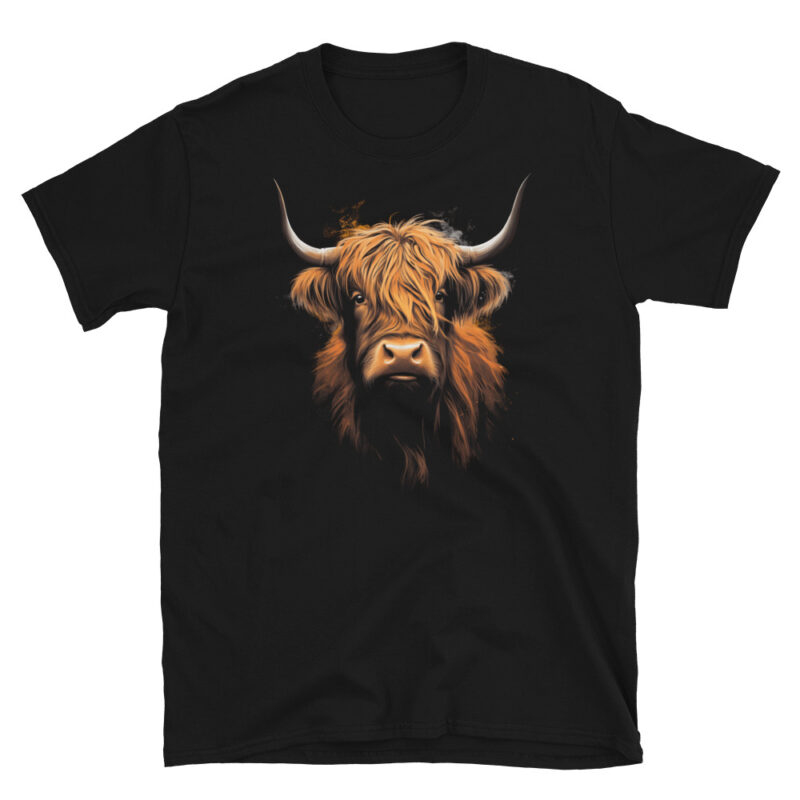 A Nicheink Highland Cow Graphic Short-Sleeve Unisex T-Shirt with an image of a highland cow.
