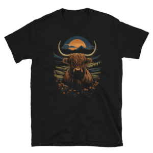 A Nicheink Highland Cow Graphic Tee - Rustic Highland Cow Short-Sleeve Unisex T-Shirt.