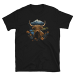 A Nicheink Highland Cow Graphic Tee | Rustic Highland Cow Short-Sleeve Unisex T-Shirt with an image of a highland cow and mountains.