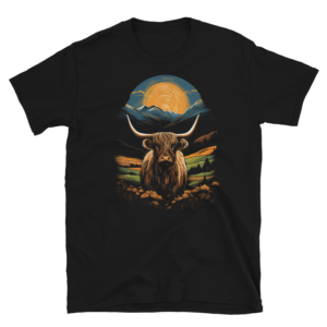 A Nicheink Highland Cow Sunset Graphic Nature-Inspired Apparel Short-Sleeve Unisex T-Shirt featuring an image of a majestic black cow in the mountains.