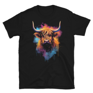 A Nicheink Highland Cow Graphic Short-Sleeve Unisex T-Shirt with colorful splatters on a black t-shirt.