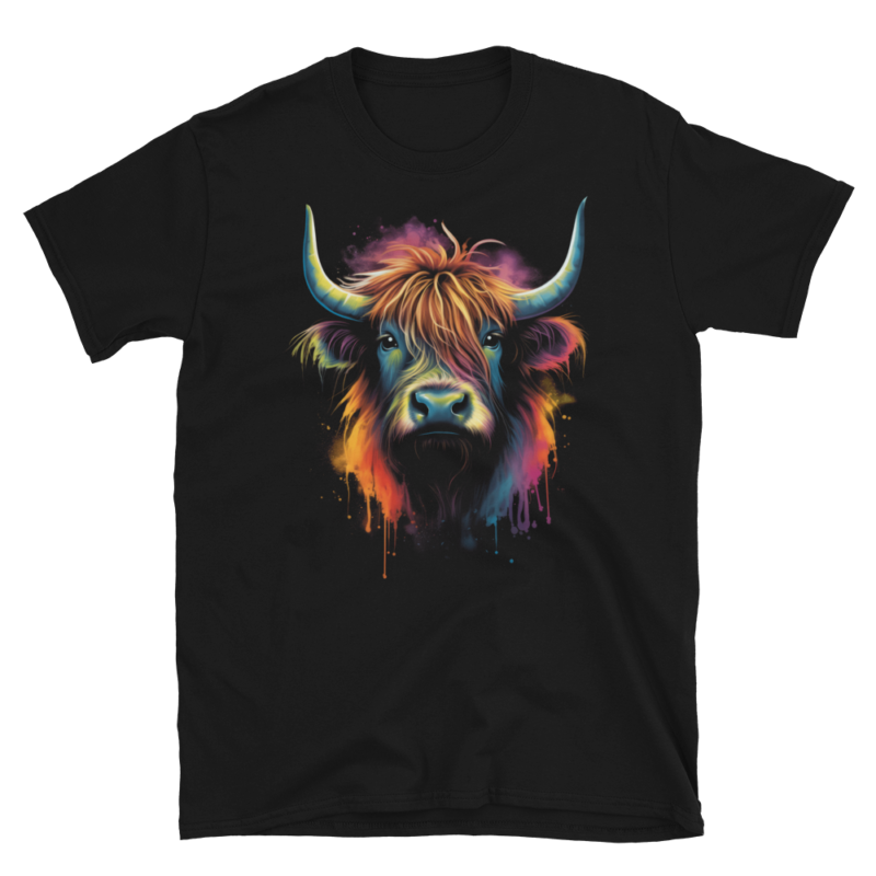 A Nicheink Highland Cow Graphic T-Shirt - Rustic Animal Art Short-Sleeve Unisex T-Shirt with a colorful highland bull design.
