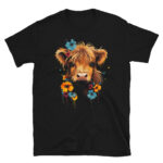 A black Nicheink Highland Cow T-Shirt - Rustic & Floral Highland Cow Graphic Short-Sleeve Unisex T-Shirt with an image of a highland cow with flowers.