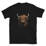 A Nicheink Highland Cow Graphic T-Shirt | Rustic Highland Cow Tee featuring an image of a highland bull, perfect for fans of Highland Cow shirts.