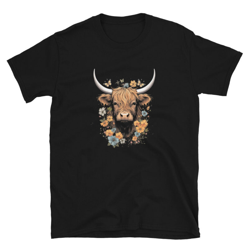 A Nicheink Highland Cow T-Shirt - Rustic Boho Chic Fashion Apparel with an image of a bull with flowers on it.