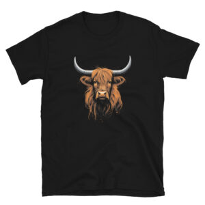 A Nicheink Highland Cow T-Shirt | Rustic Animal Art Tee | Unisex Fashion with an image of a highland bull.