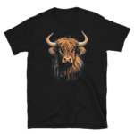 A Nicheink Highland Cow T-Shirt | Artistic Rustic Bovine Apparel with an image of a highland cow.