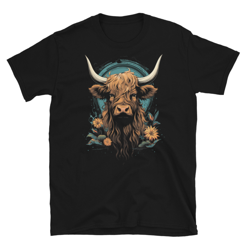 A Nicheink Highland Cow T-Shirt with Floral Graphics - Unisex Casual Wear with an image of a highland cow.