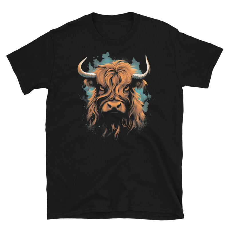 A Nicheink Highland Cow Graphic T-Shirt - Majestic Night Sky Design Unisex Tee with an image of a highland bull.