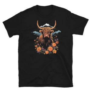 A Nicheink Highland Cow Graphic Tee - Rustic Nature-Inspired T-Shirt with an image of a highland cow and flowers.
