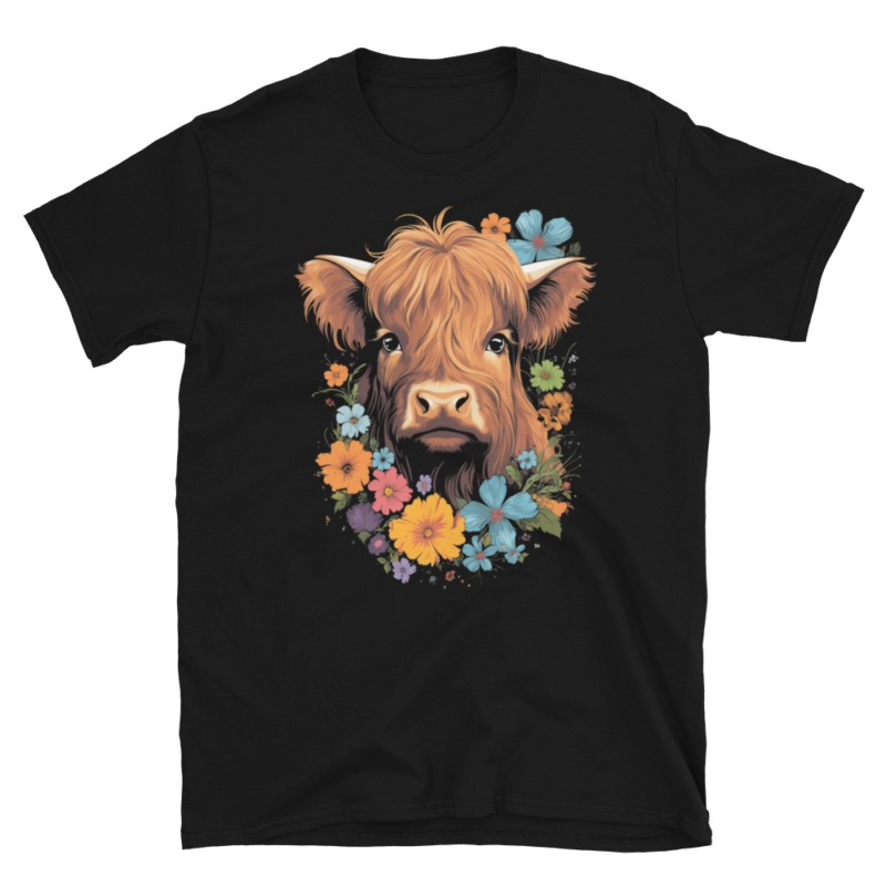A Nicheink Highland Cow Graphic T-Shirt - Rustic Farmhouse Style Tee with an image of a highland cow with flowers.