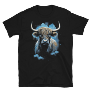 A Nicheink Highland Cow T-Shirt with Mountain and Floral Graphics - Unisex, with an image of a highland cow in the clouds.